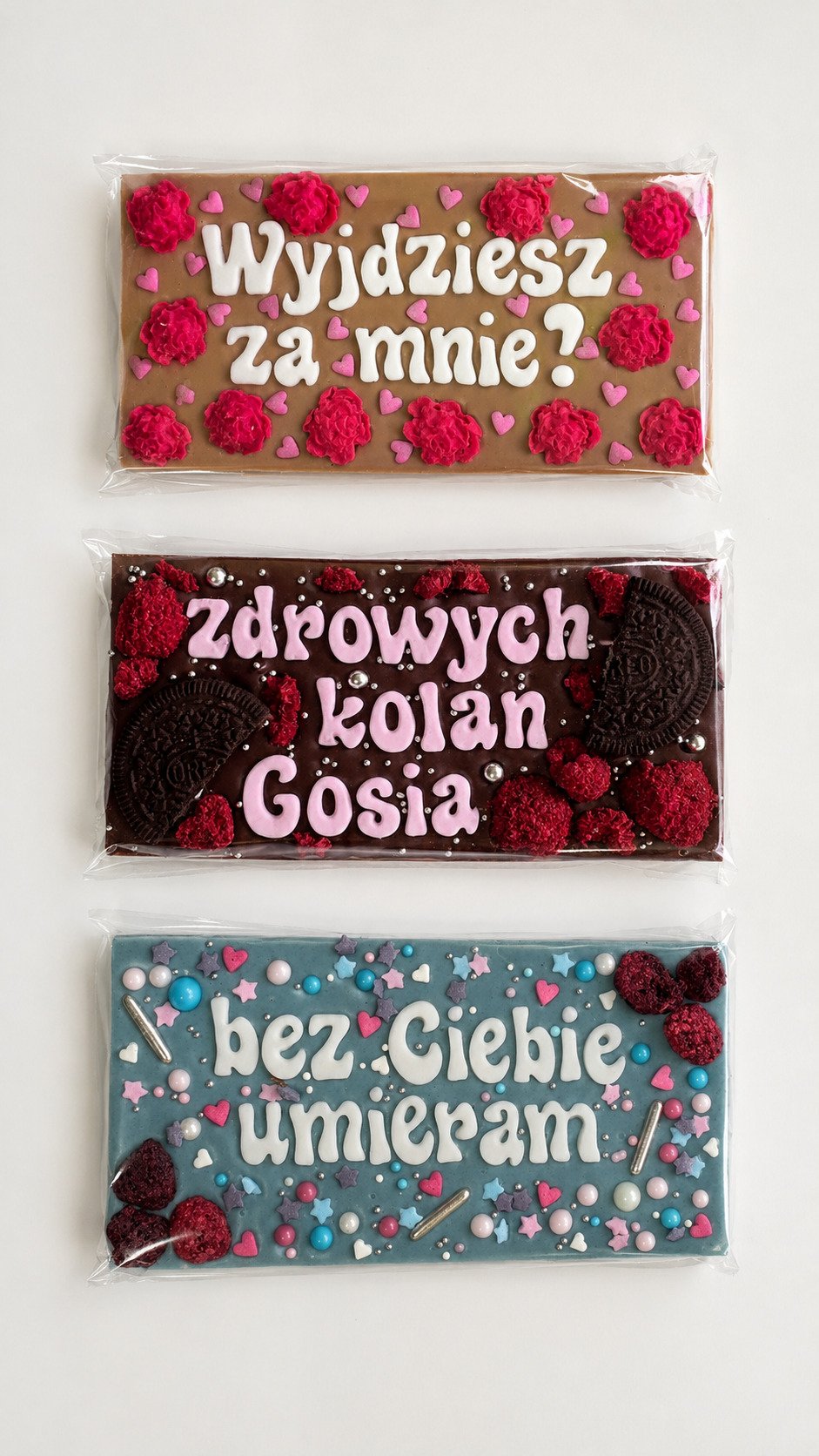 Trzy przykłady personalizowanych czekolad Bezczelnie Słodkie